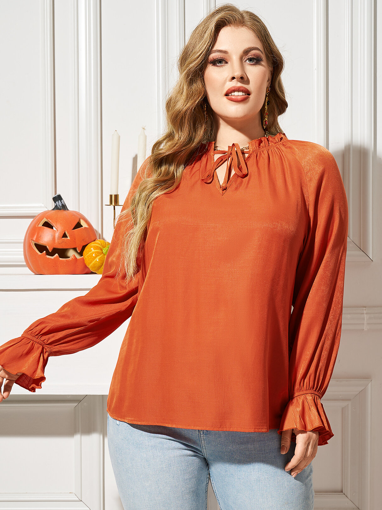 

Plus Size Halloween Frill Trim Tie Up V-Neck Long Sleeve Blouse, Orange