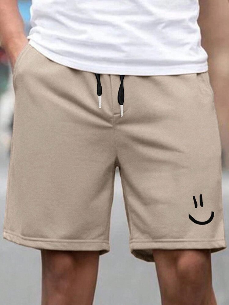 

Mens Smile Face Print Casual Drawstring Waist Shorts, Khaki