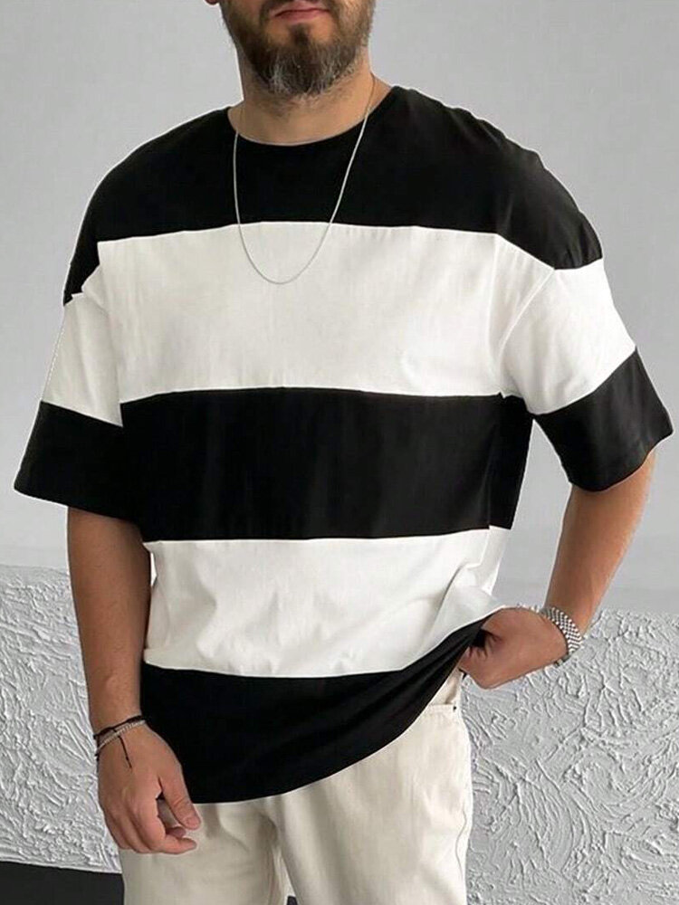 

Mens Contrasting Colors Striped Casual Short Sleeve Shirts, Black