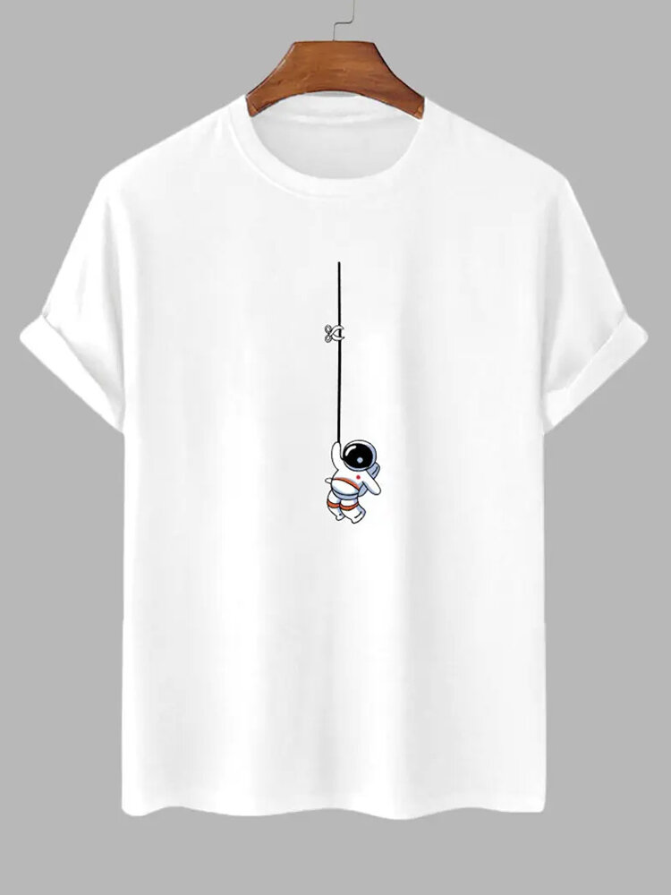 

Mens Cartoon Astronaut Print Crew Neck Short Sleeve T-Shirts, White;black;pink