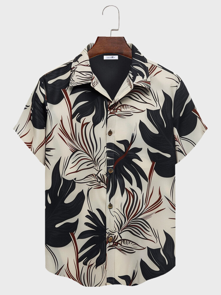 

Mens Tropical Leaf Print Lapel Button Up Short Sleeve Shirts, Beige