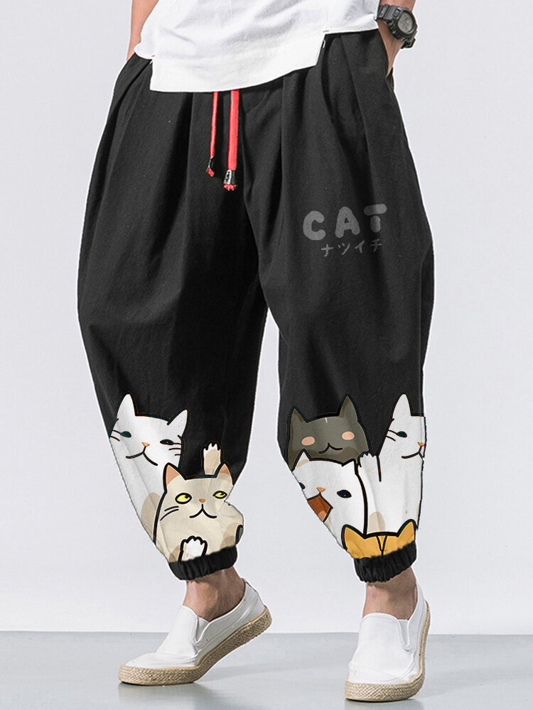 

Mens Japanese Cat Print Loose Contrast Drawstring Waist Pants, Black