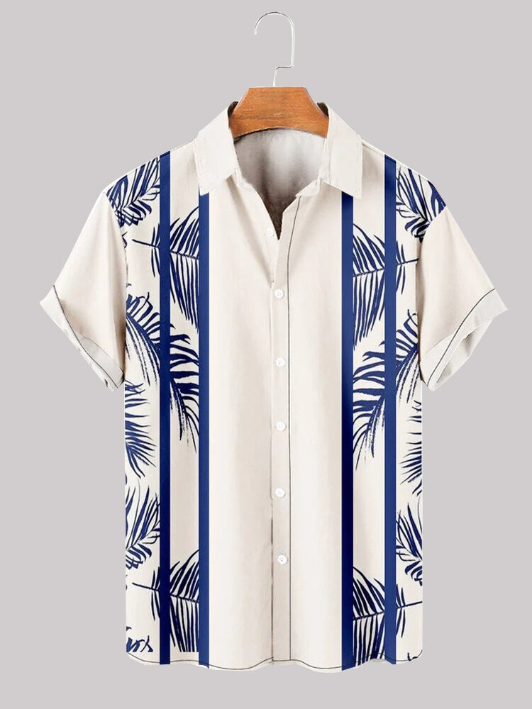 

Mens Tropical Leaf Striped Print Vacation Short Sleeve Shirts, White