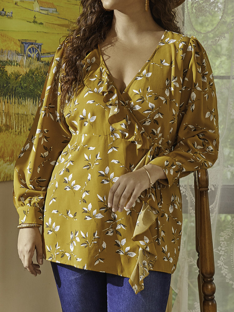 

Leaf Print Ruffled Knotted Blouse, Yellow