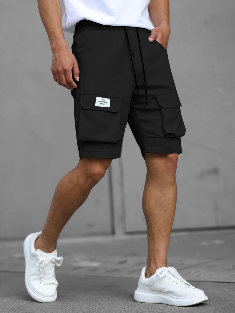 

Mens Solid Cargo Pocket Drawstring Waist Casual Shorts, Black