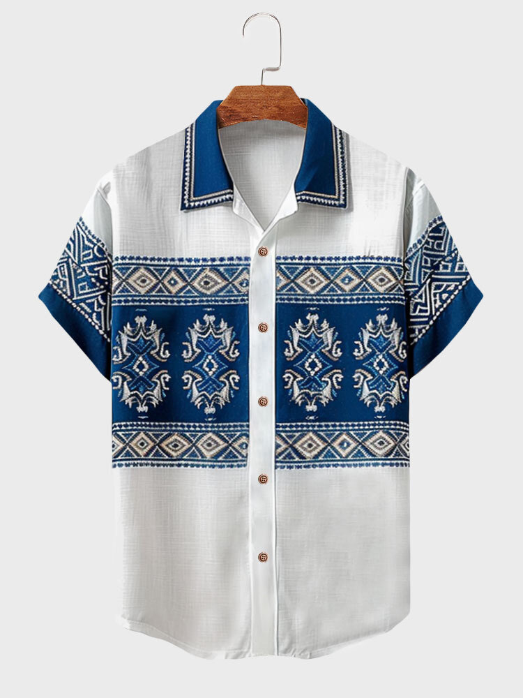 

Mens Vintage Ethnic Argyle Patchwork Button Up Short Sleeve Shirts, White
