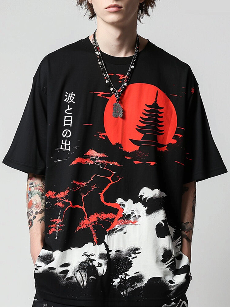 

Mens Japanese Landscape Print Crew Neck Casual T-Shirts, Black
