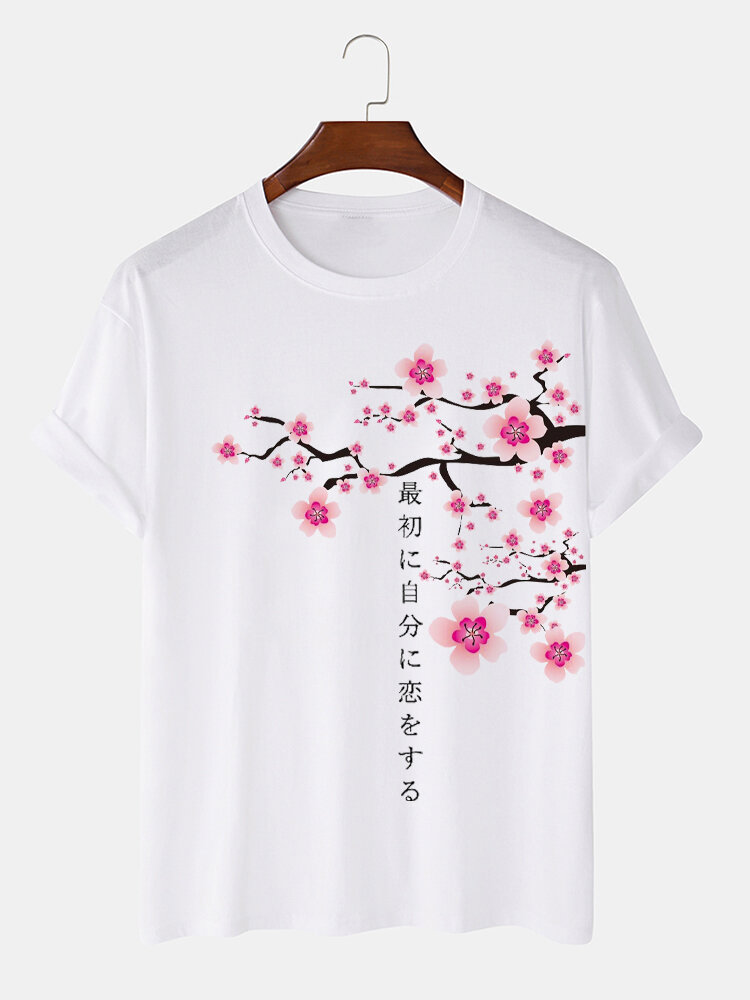 

Mens Japanese Character Cherry Blossoms Print Crew Neck Short Sleeve T-Shirts Winter, White