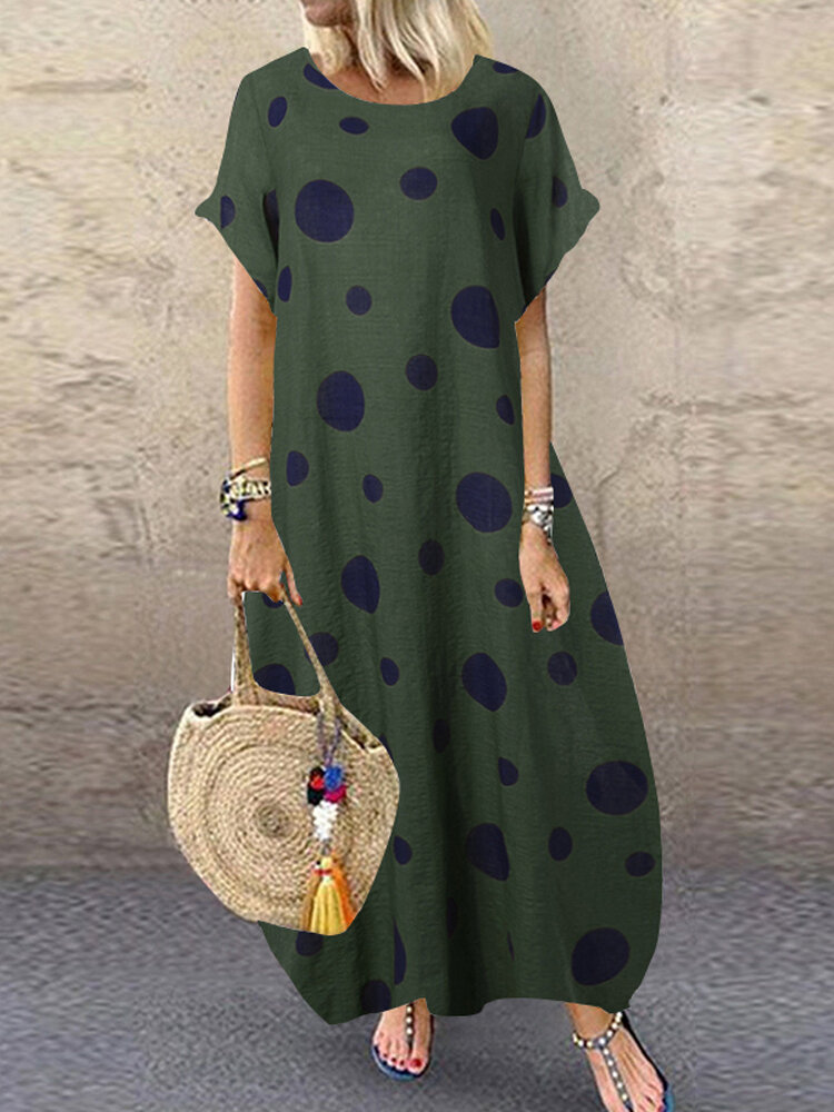 

Polka Dot Print Short Sleeve Plus Size Baggy Dress with Pockets, Green;yellow