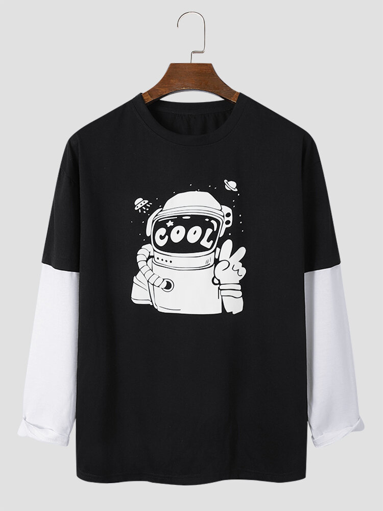 

Mens Cartoon Astronaut Graphic Contrast Stitching Long Sleeve T-Shirts, Black
