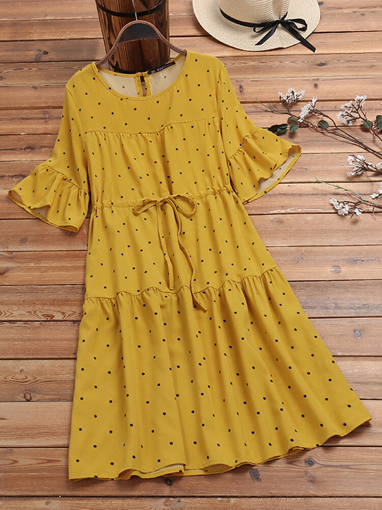

Polka Dot Print Elastic Waist Ruffle Sleeve Plus Size Casual Dress, Red;yellow
