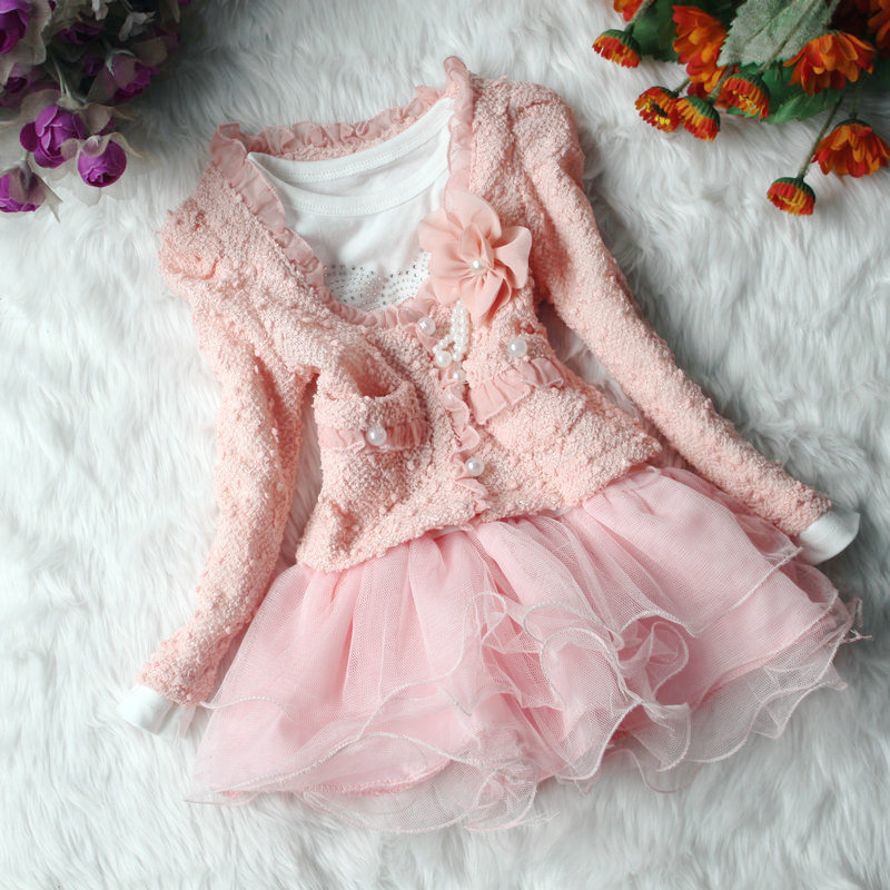 

2Pcs Lace Details Girls Lolita Princess Style Dress + Coat Set For 1-5 Years, Beige;pink