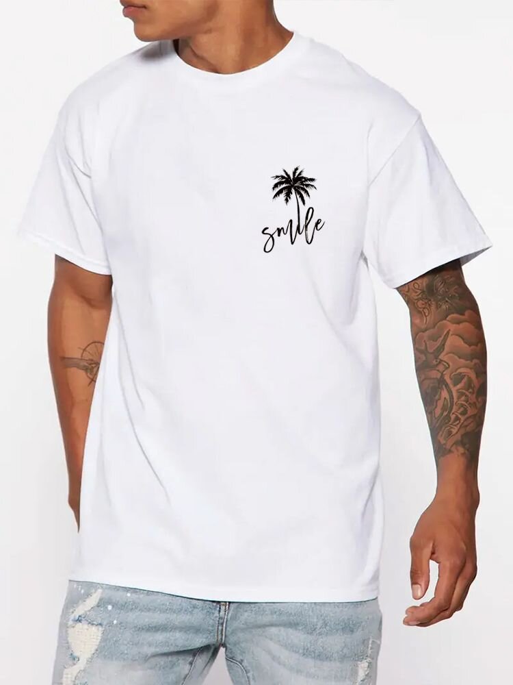 

Mens Coconut Tree Letter Print Crew Neck Vacation Short Sleeve T-Shirts Winter, White