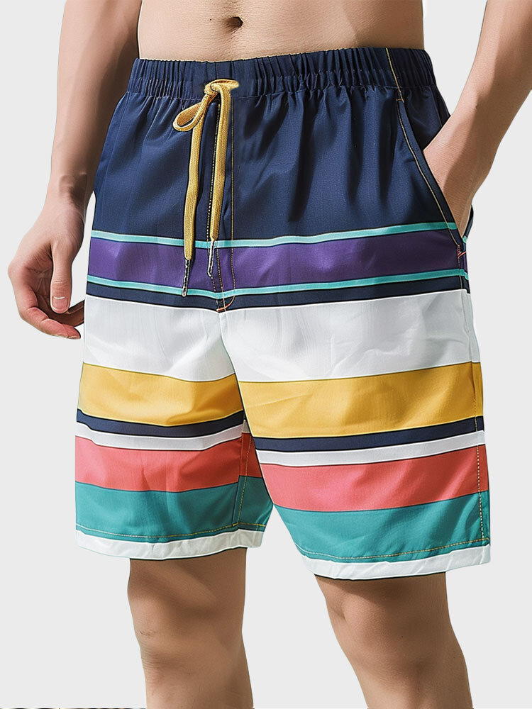 

Mens Striped Side Pockets Drawstring Casual Shorts, Dark blue