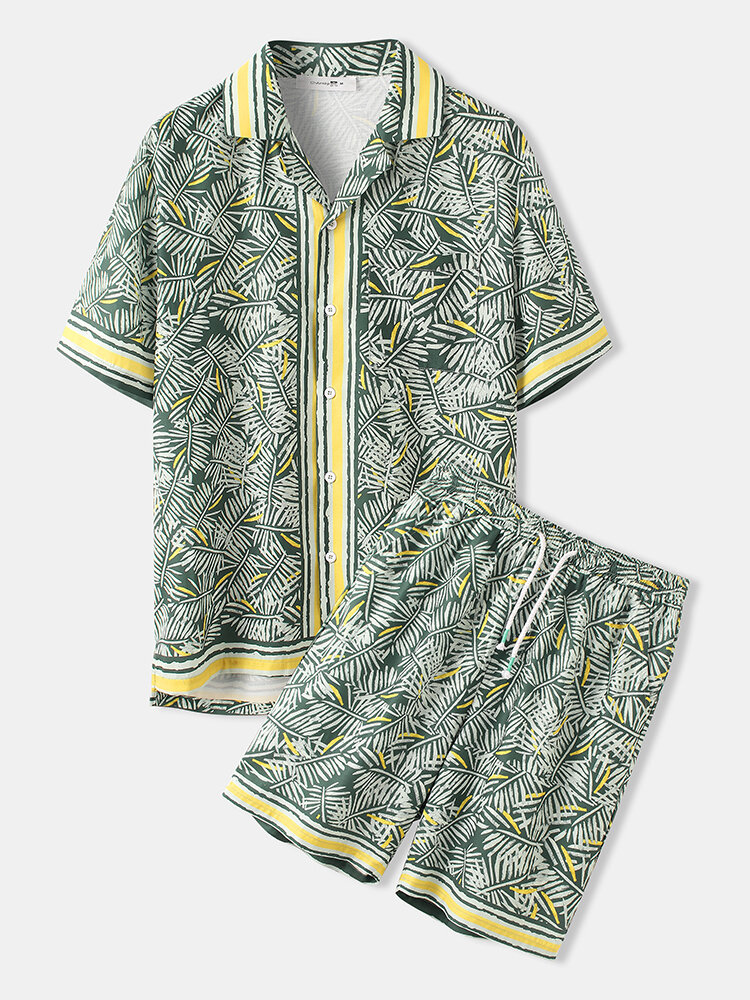 

Mens Holiday Tropical Leaves Print Short Sleeve Shirt & Shorts Co-ords, Yellow