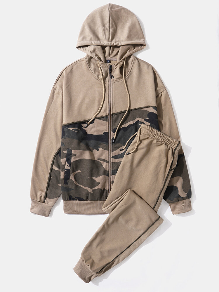 

Camo Print Patchwork Hooded Co-ords, Khaki;army green