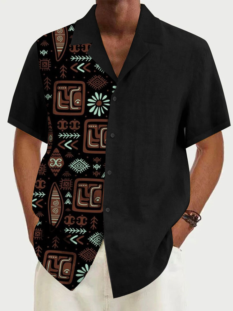 

Mens Ethnic Tribal Totem Print Patchwork Revere Collar Short Sleeve Shirts Winter, Black