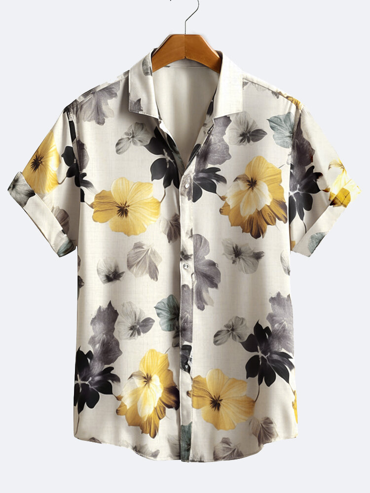 

Mens Allover Floral Print Lapel Hawaiian Vacation Short Sleeve Shirts, White