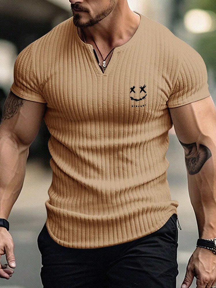

Mens Smile Print Half Open Collar Short Sleeve T-Shirts, Khaki