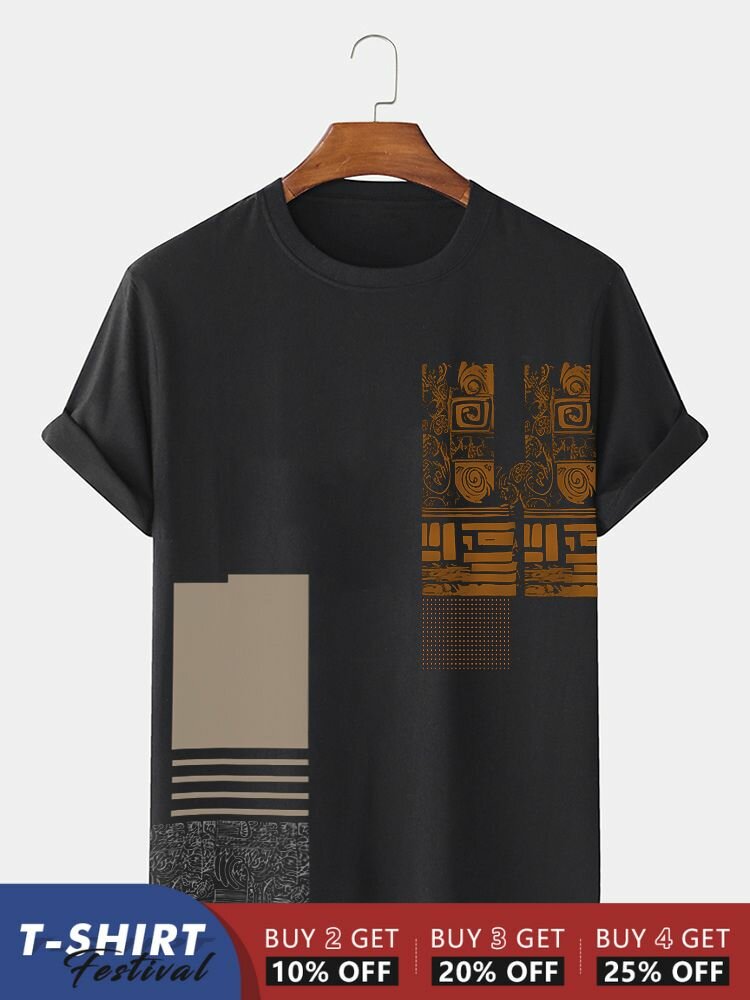 

Mens Ethnic Geometric Mix Print Crew Neck Short Sleeve T-Shirts, Black
