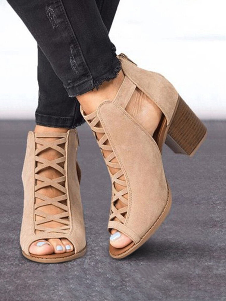 

Large Size Casual Suede Hollow-out Cross Strap Design Chunky Heel Peep-toe Pumps Shoes, Black;apricot