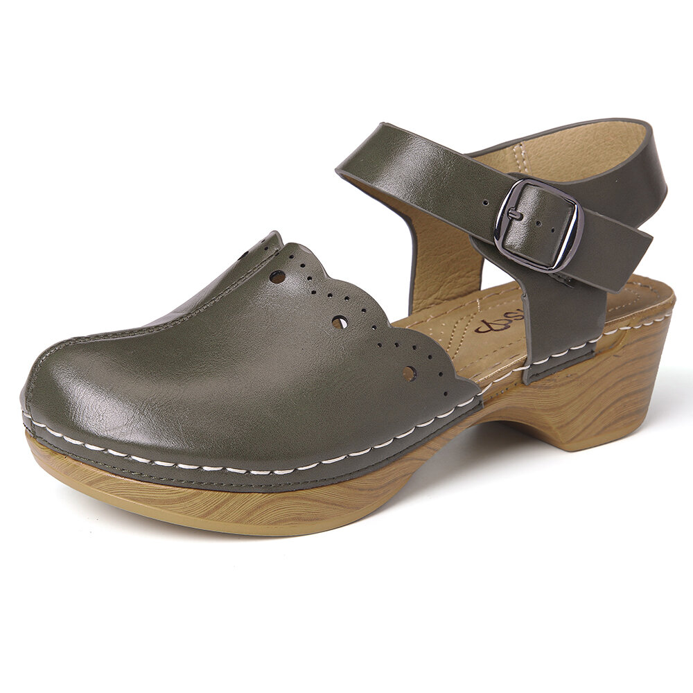 

LOSTISY Closed Toe Solid Color Buckle Clogs Chunky Heel Slingback Casual Wedges, Army green;coffee;red