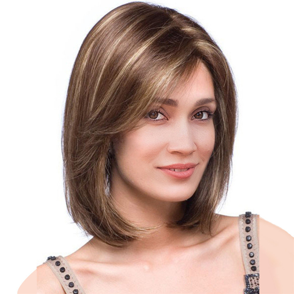 

Short Mix Color Stylish Highlight Synthetic Wig Natural Curly Hair Capless Side Bang 32cm