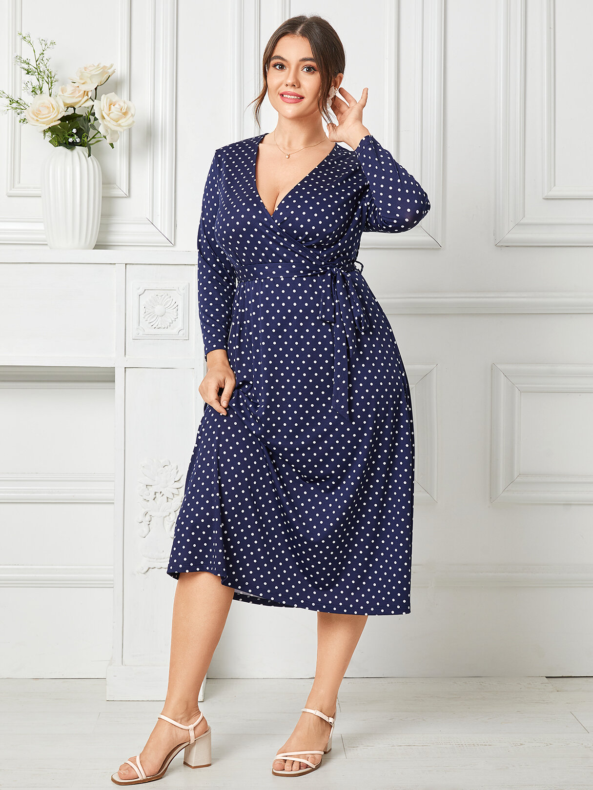 

Plus Size Polka Dot Print Wrap Design Long Sleeve Belted Maxi Dress, Navy
