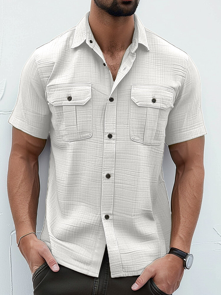 

Mens Solid Chest Pocket Lapel Collar Short Sleeve Shirts, White