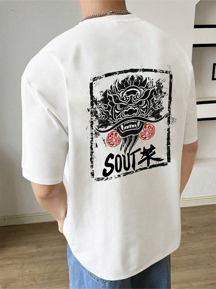 

Mens Chinese Ink Lion Print Crew Neck Short Sleeve T-Shirts Winter, White
