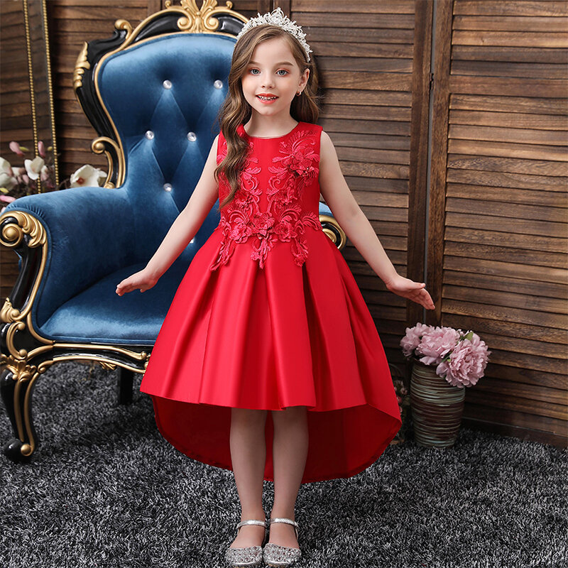 

Girl's 3D Flower Decorated Curved Hem Patchwork Princess Dress for 4-13Y, Pink;green;wine red;champagne;watermelon red