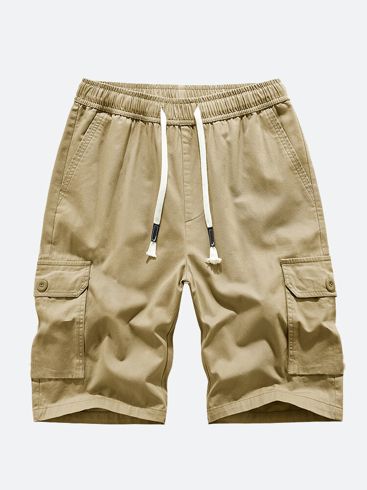 

Mens Solid Flap Pocket Cotton Drawstring Waist Cargo Shorts, Khaki