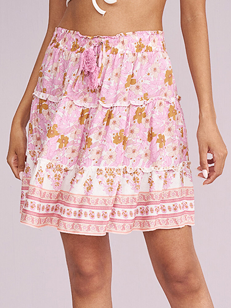 

Floral Print Drawstring Lettuce Edge Mini Skirt, Pink
