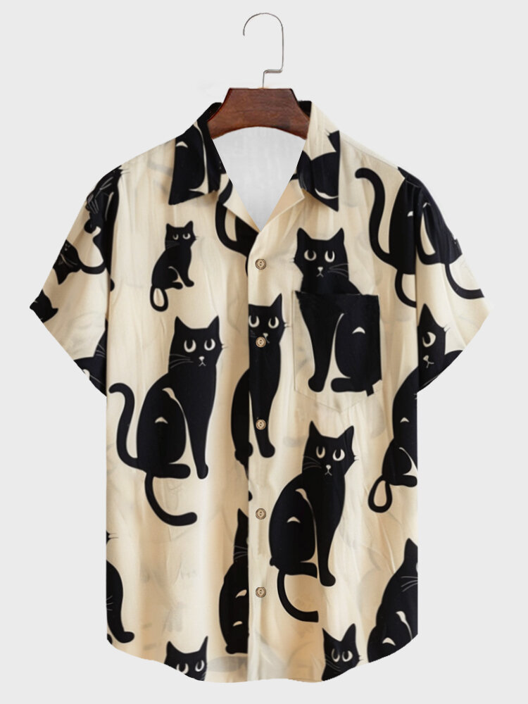 

Mens Allover Cat Print Chest Pocket Short Sleeve Shirts, Apricot