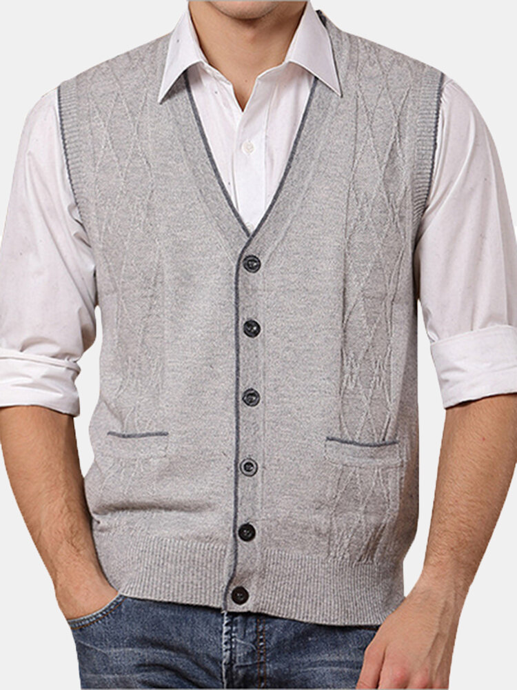 

Mens Winter Woolen Knitted Single Breasted Cardigan Vest Jacquard V-neck Casual Sweater, Light gray
