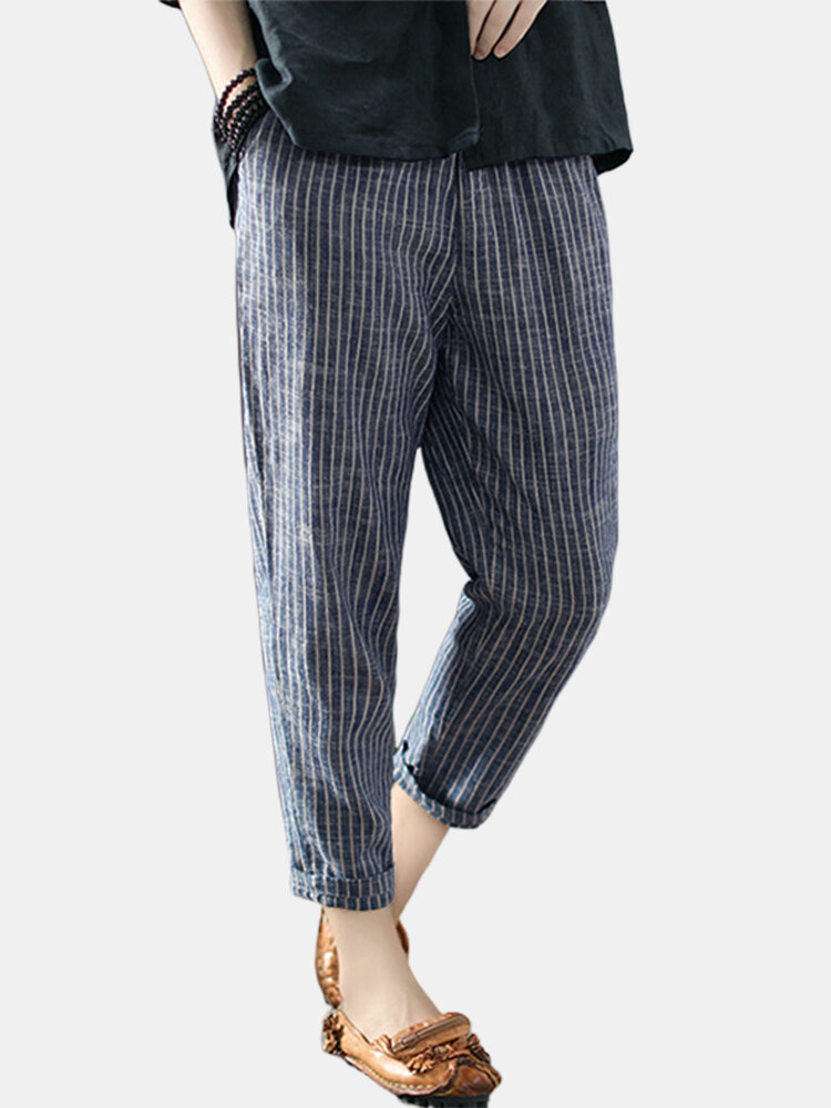 

Vintage Striped Pockets Cotton Harem Pants, Navy;black