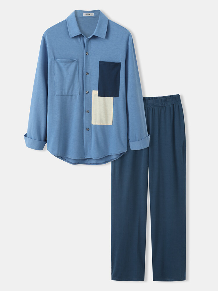 

Men Colorblock Patched Pocket Curved Hem Lapel Collar Pajama Sets, Blue