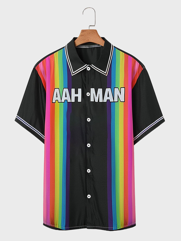 

Mens Letter Rainbow Strips Print Short Sleeve Shirts, Black