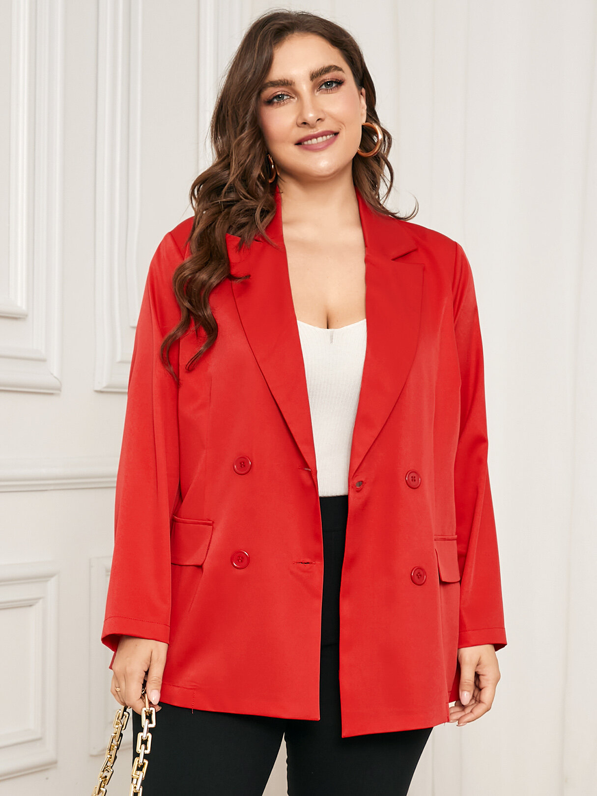 

Plus Size Notch Collar Front Button Pocket Long Sleeves Blazer, Red;blue