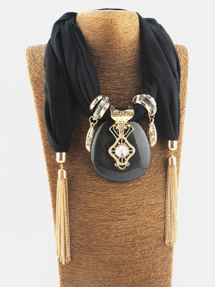 

Bohemian Printed Chiffon Multi-layer Necklace Handmade Beaded Tassel Pendant Ladies Scarf Shawl Necklace, Black