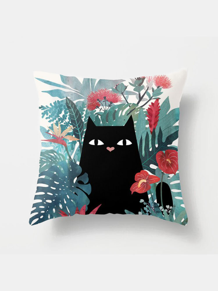 

Black Cat And Floral Overlay Print Pattern Linen Cushion Cover Home Sofa Art Decor Throw Pillowcase