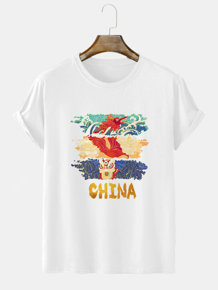 

Mens Chinese Lion Element Print Crew Neck Short Sleeve T-Shirts Winter, White