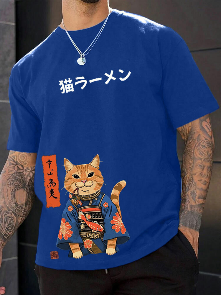 

Mens Japanese Element Cat Print Crew Neck Short Sleeve T-Shirts Winter, Blue