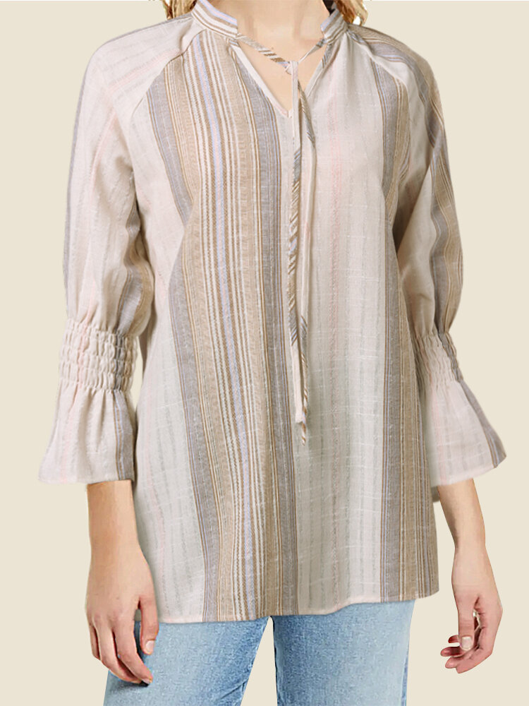

Striped Print Shirred 3/4 Sleeve Knotted Front V-neck Blouse, Camel