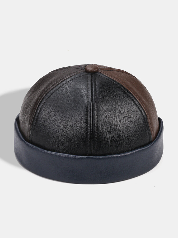 

Collrown Men & Women Faux Leather Patchwork Color Retro Classical Color Brimless Beanie Landlord Hat Skull Hat, Black
