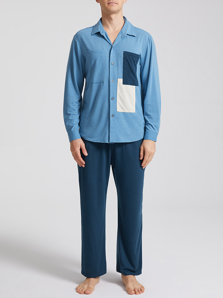 

Men Colorblock Patched Pocket Curved Hem Lapel Collar Pajama Sets, Blue