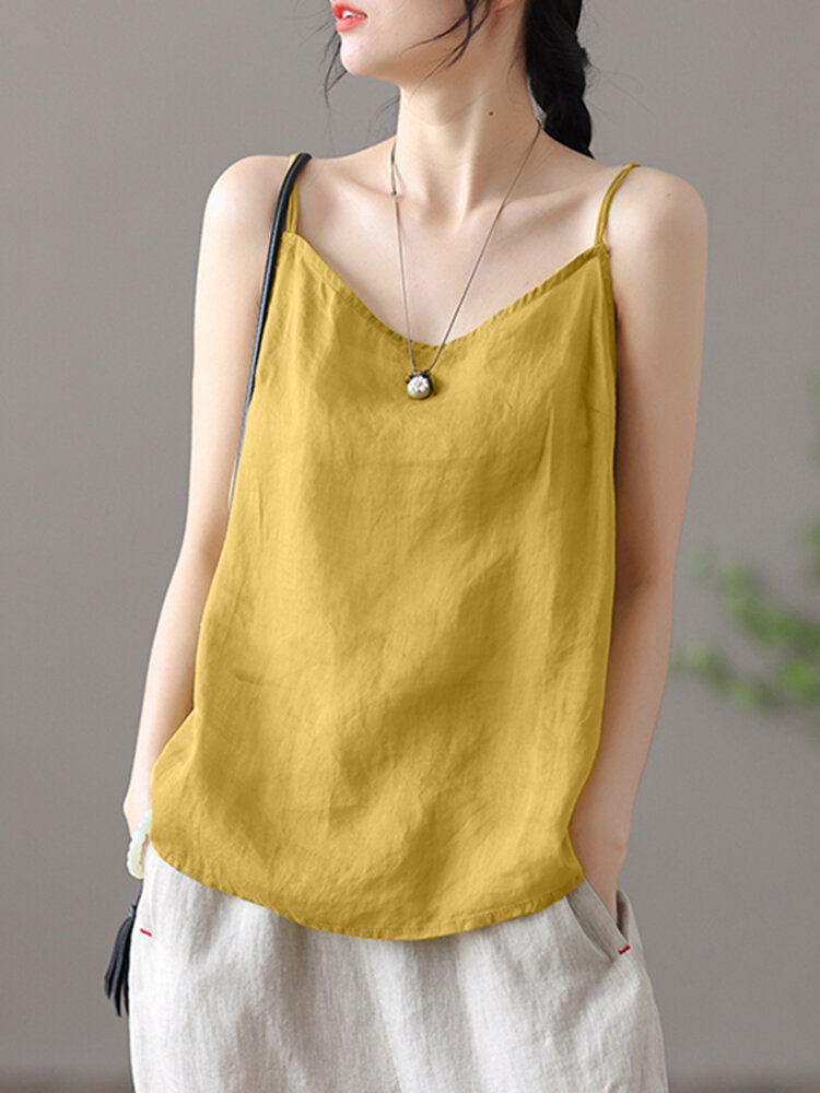

Solid Cotton Criss-Cross Backless Spaghetti Strap Cami, White;yellow;dark blue;pink