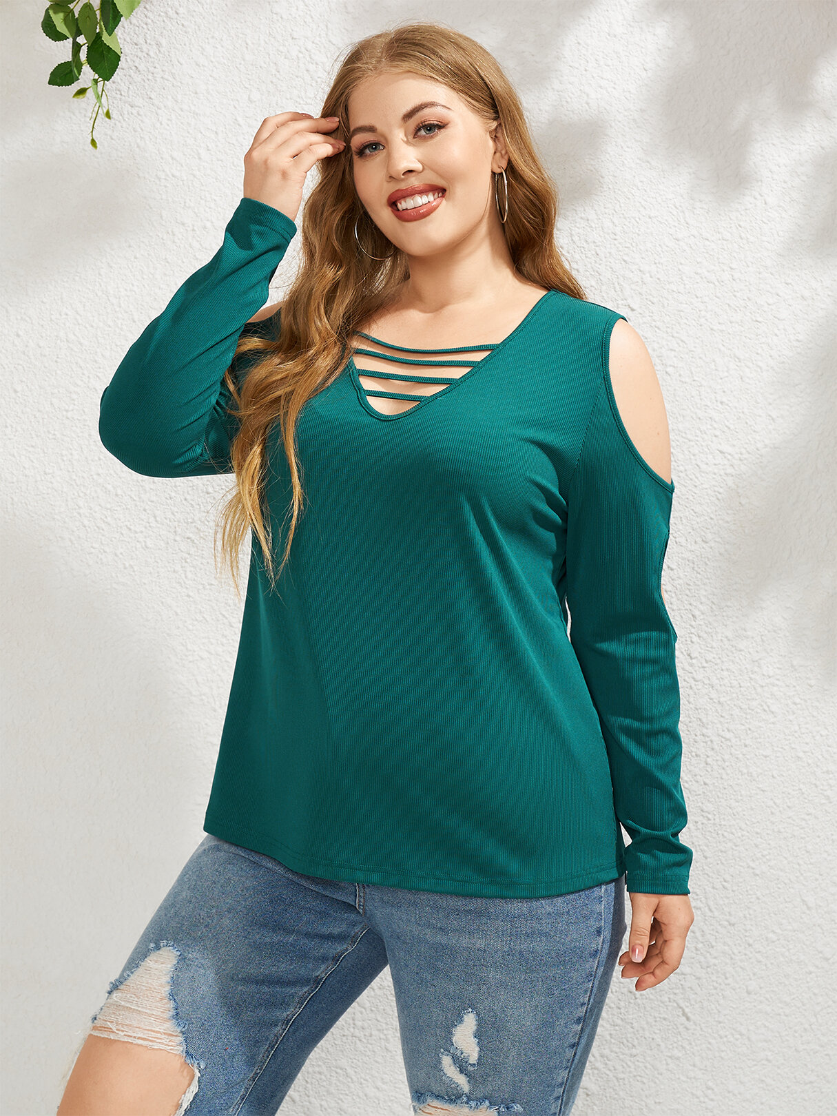 

Plus Size Solid Color Ribbed Cut Out Sleeve T-Shirt, Green