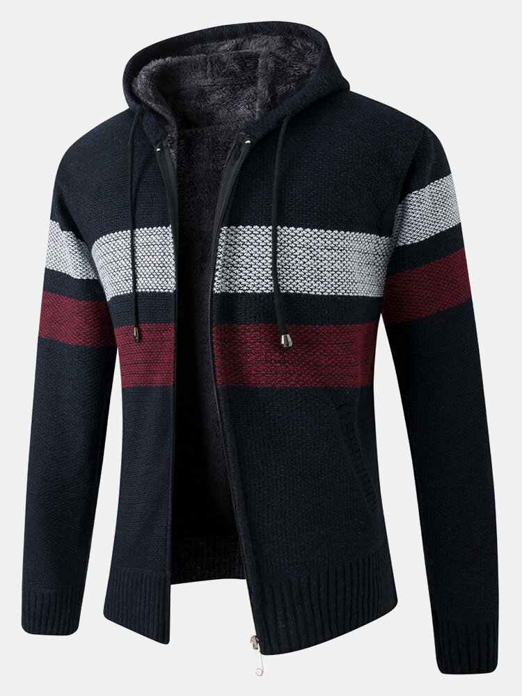 

Mens Patchwork Zip Front Plush Lined Knit Cotton Long Sleeve Hooded Cardigans, Red;blue;gray;dark gray;navy