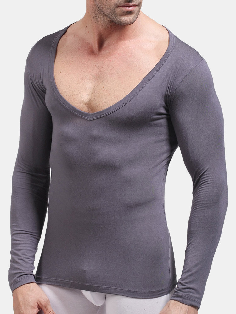 

Men Modal Stretch Plain Thermal Undershirts V Neck Thin Breathable Thermal Long Johns Underwear, Royal blue;black;white;red;dark gray